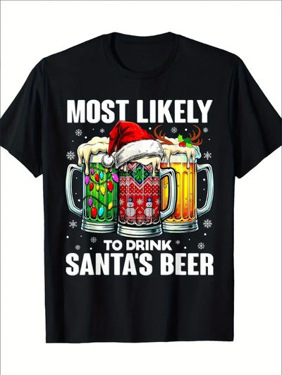 Men's Festive Christmas T-Shirt With Santa & Reindeer Design , Casual Round Neck Tee For All Seasons