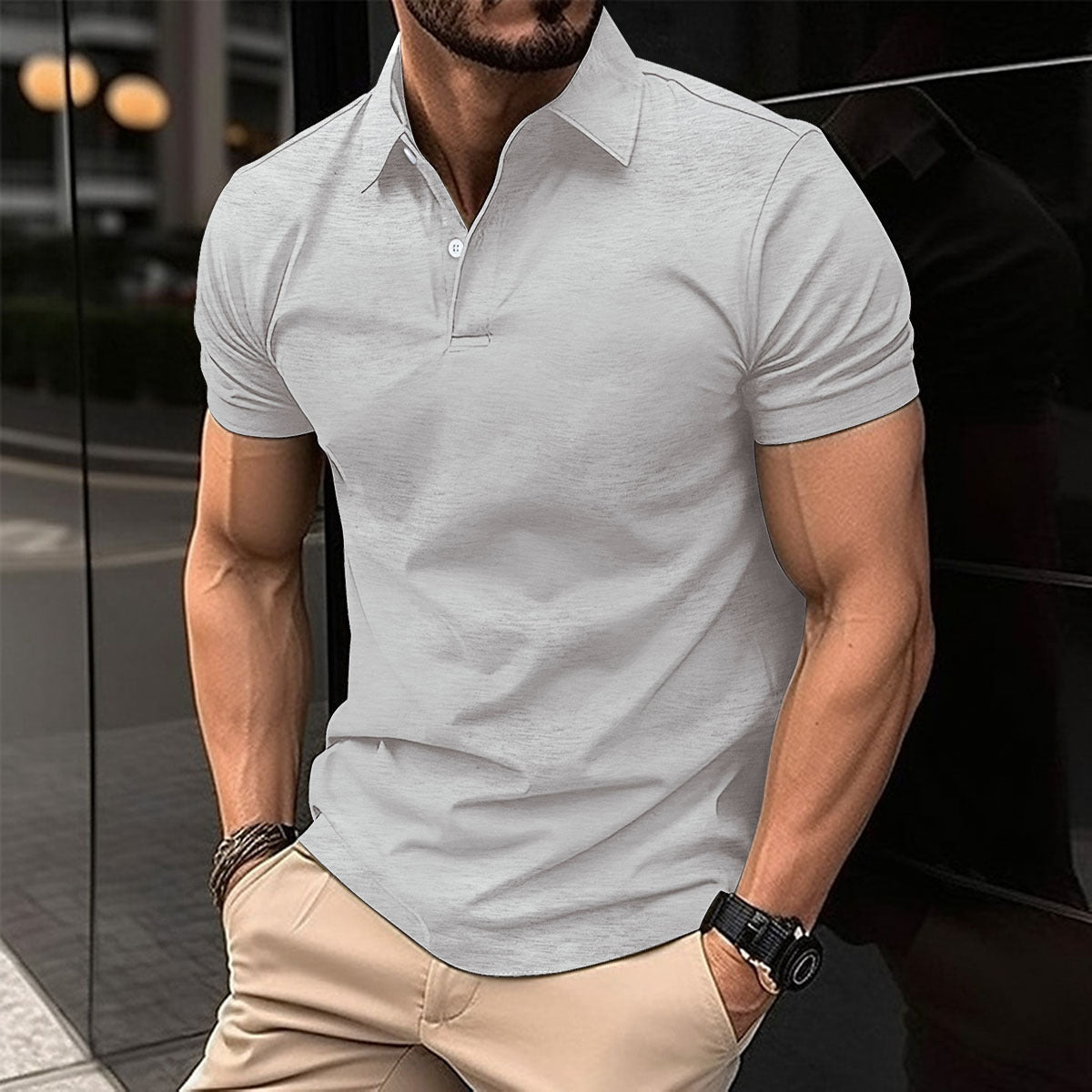 Summer Short Sleeve Polo Shirt Men Solid Color Button Lapel Button Top