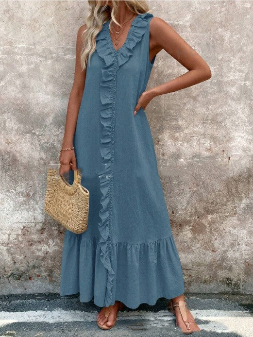 Solid Color Sleeveless Cotton Linen V-neck Swing Dress