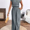 Women's V-neck Buttons Patch Pocket Jumpsuit