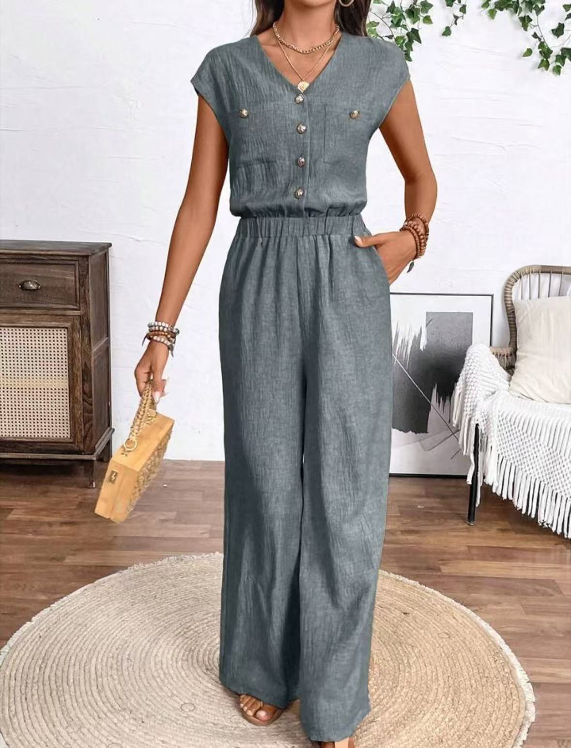 Women's V-neck Buttons Patch Pocket Jumpsuit