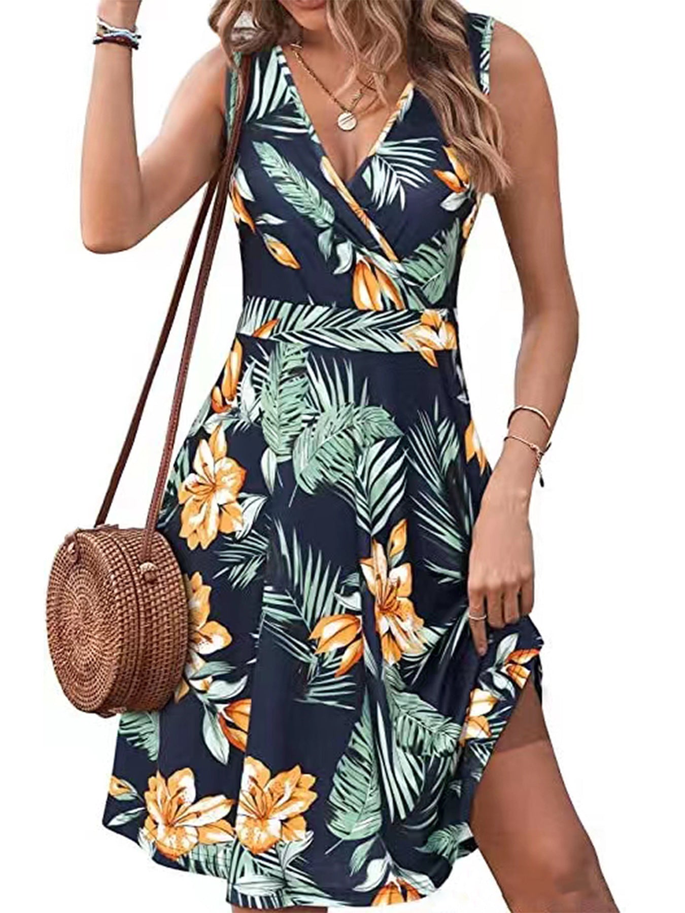 Elegant V-neck Sleeveless Vest Printed Pocket Dress Women