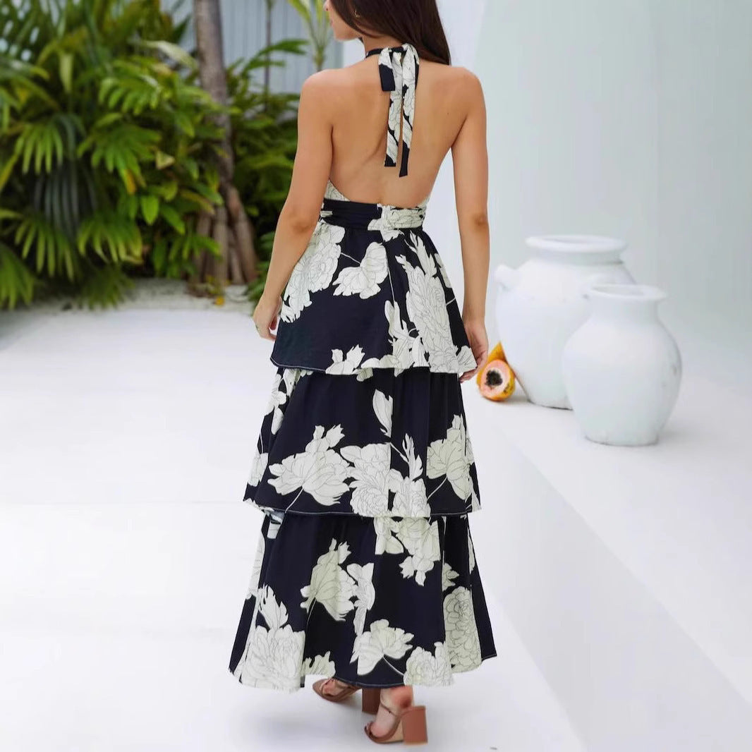 Sexy Print Cake Dress Lace-up Long Dress