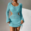 Beach Dress Women's Solid Color Knitted Hollow Drawstring Bikini Swimsuit Blouse