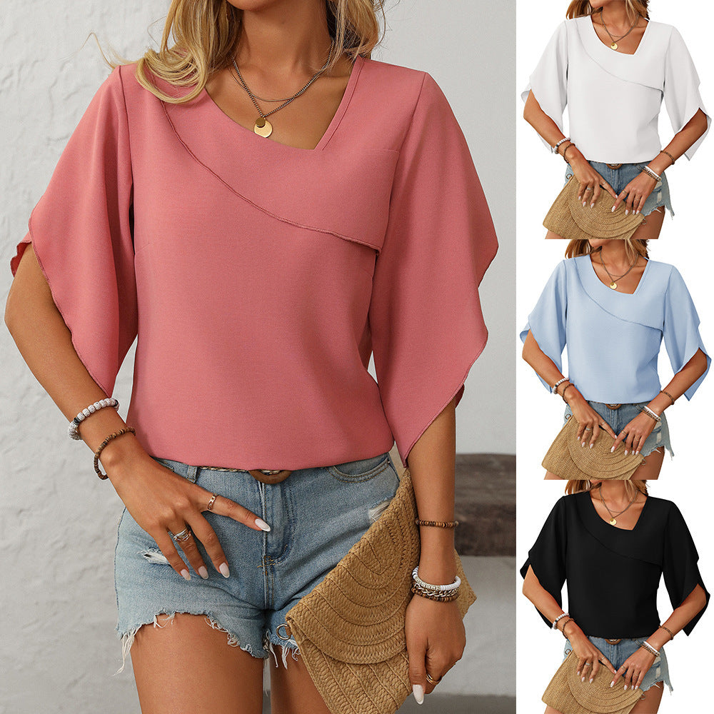 Women's Casual Oblique V-neck Chiffon Puffed Sleeves Top