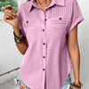 Lapel Shoulder Pleated Pocket Short Sleeve Top ShirtT-shirt Women