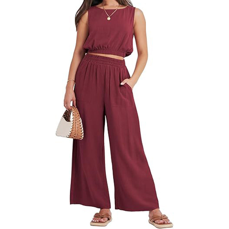 Casual Round Neck Sleeveless Elastic Lower Hem High Waist Wide Leg Two-piece Set