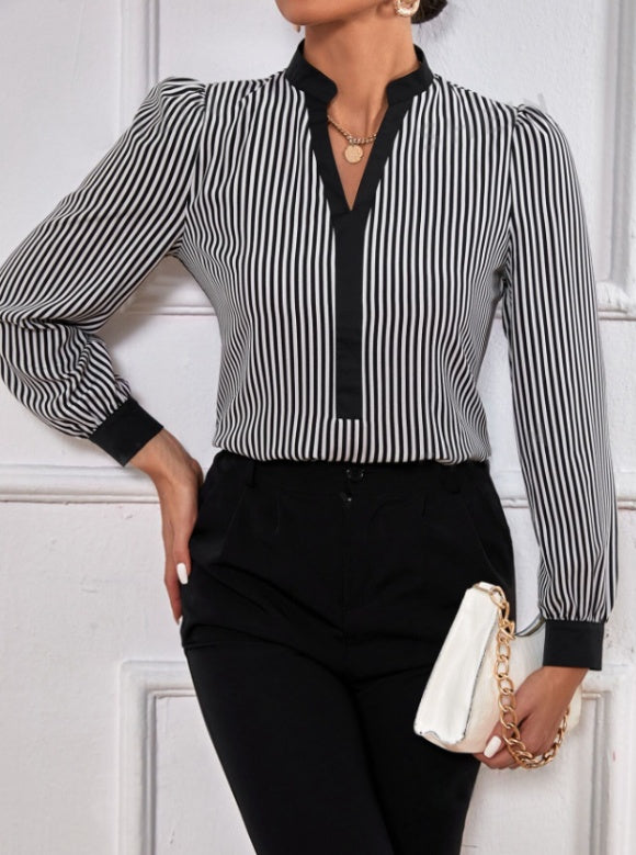 Ladies' New Striped V-neck Cuff Collar Color Block Splicing Fashion Shirt