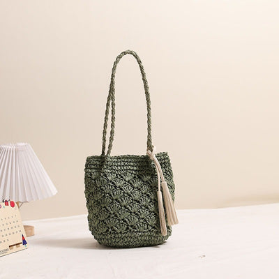 Fashion Tassel Shoulder Straw Bag Fan Hollow Beach Bag