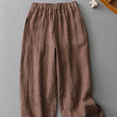 Plaid Linen Pants Women's Casual Plus Size