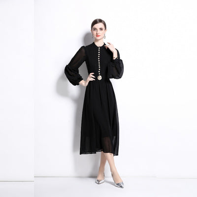 Heavy Industry Metal Buckle Pleated Stitching Puff Sleeve Waist-controlled Large Hem Temperament Long Dress