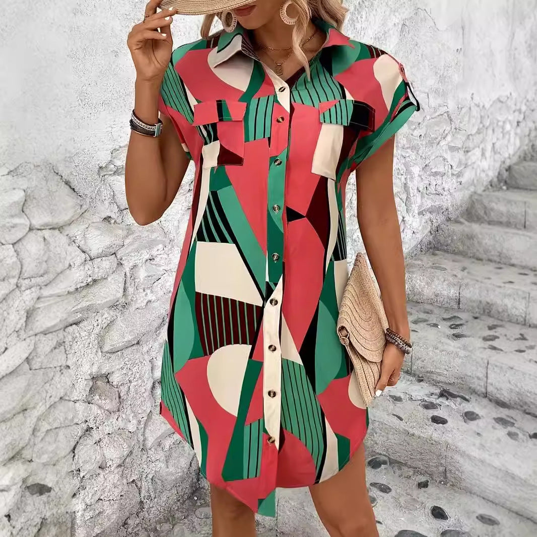 Geometric Printed Shirt Short Dress Women