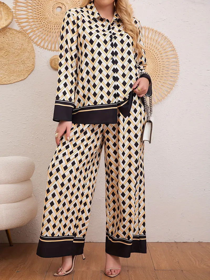 Ethnic Geometric Long Sleeve Shirt Trousers Suit