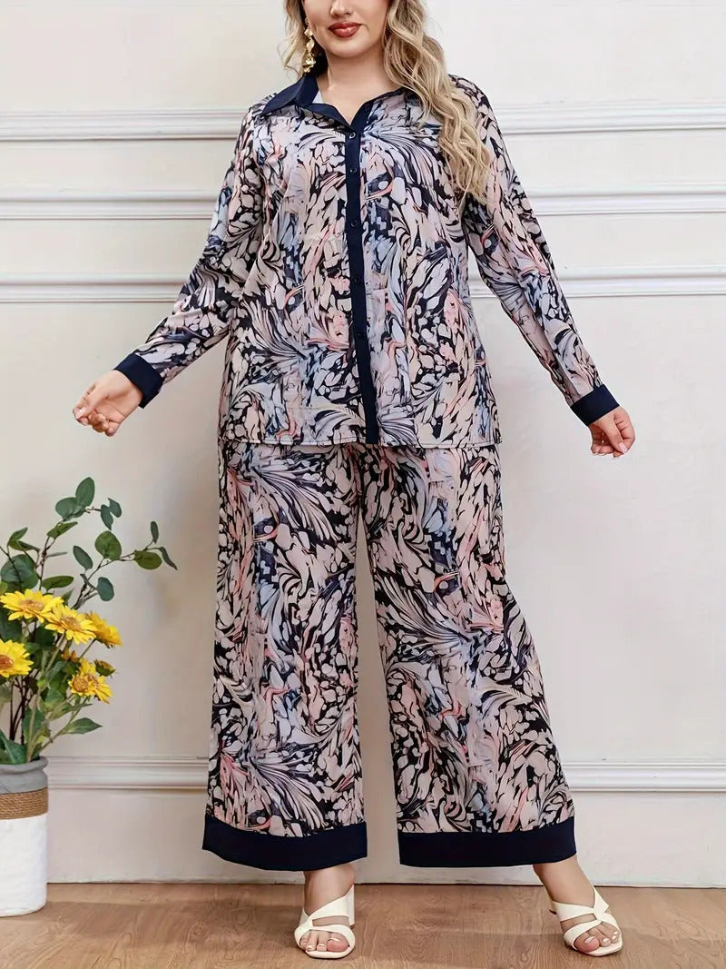 Ethnic Geometric Long Sleeve Shirt Trousers Suit