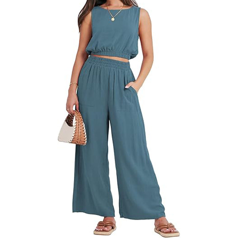 Casual Round Neck Sleeveless Elastic Lower Hem High Waist Wide Leg Two-piece Set