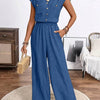 Women's V-neck Buttons Patch Pocket Jumpsuit