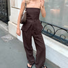 Retro Style Bandeau One-shoulder Lace-up Top Wide-leg Pants Suit Two-piece Set