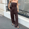 Retro Style Bandeau One-shoulder Lace-up Top Wide-leg Pants Suit Two-piece Set