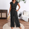 Women's V-neck Buttons Patch Pocket Jumpsuit