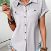 Lapel Shoulder Pleated Pocket Short Sleeve Top ShirtT-shirt Women