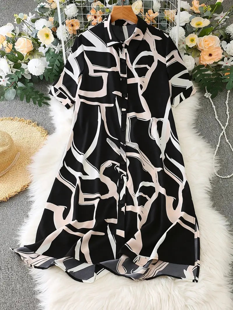 Printing Lapel Geometric Pattern Split Shirt Dress Ladies