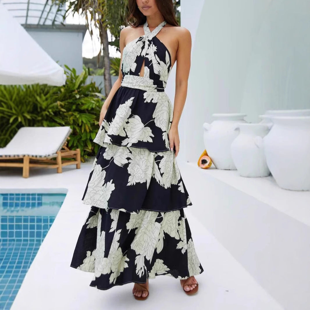 Sexy Print Cake Dress Lace-up Long Dress