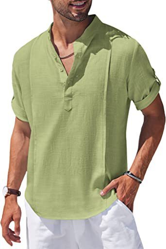 Henley Style Linen Shirt Men Casual Beach Shirt Short Sleeve T-Shirt Summer