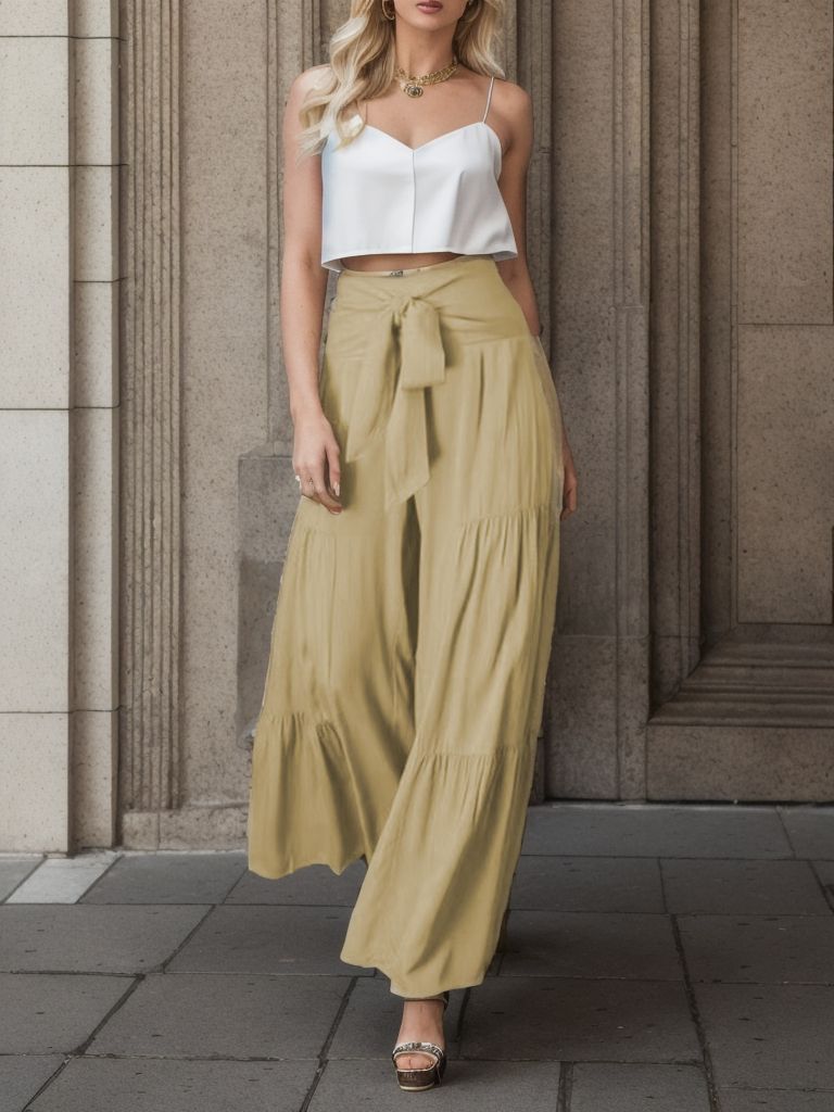 Women's Fashion Tie Elastic Waist Pleated Wide-leg Pants