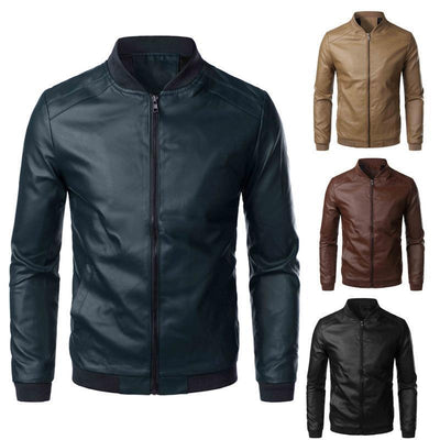 Men's Leather Jacket Fashion Locomotive Slim Stand Collar Coat