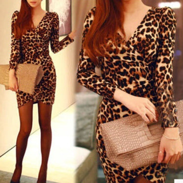 Leopard Print Long Sleeve Waist Slimming Sheath Dress