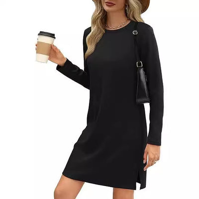 European And American Round Neck Slit Hemline At Hem Sweater Long Sleeve Casual Dress