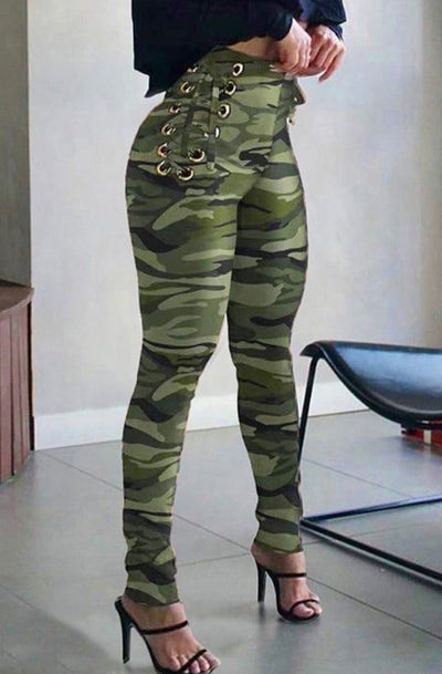 Ladies' Lace Up High Waisted Camouflage Casual Pants