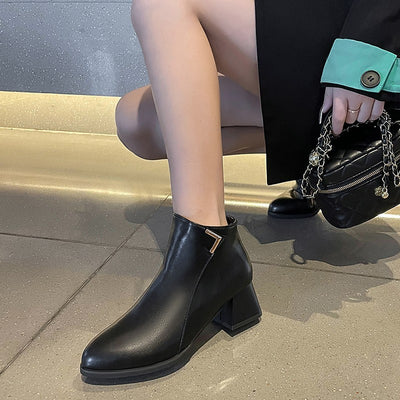 Round Head Chunky Heel Short European And American Style Solid Color Women's Martin Boots