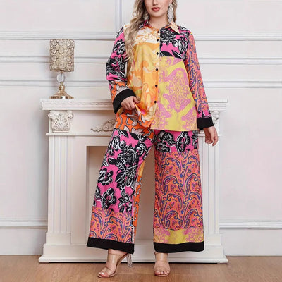 Ethnic Geometric Long Sleeve Shirt Trousers Suit