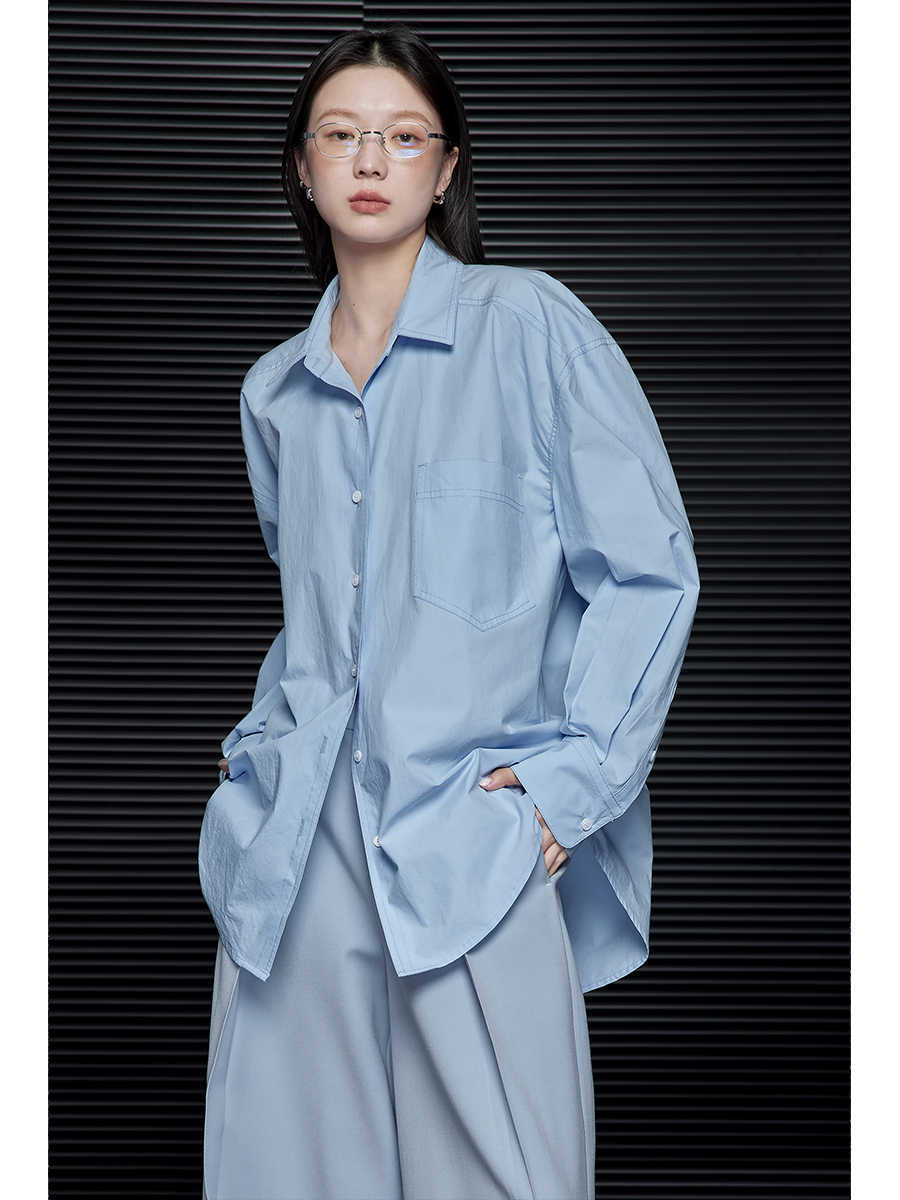 Women's Loose Blue Minimalist Long Sleeve Shirt