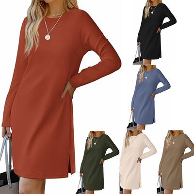 European And American Round Neck Slit Hemline At Hem Sweater Long Sleeve Casual Dress