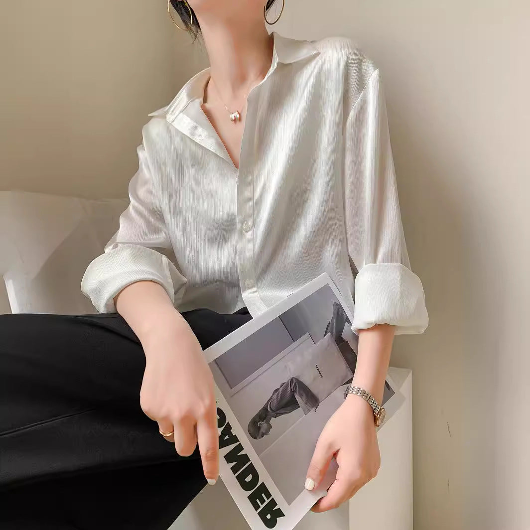 White Texture Satin Shirt For Women