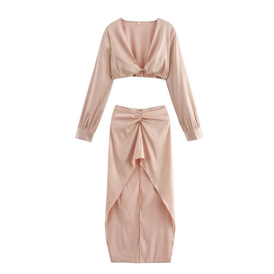 New Navel Cut Short Long Sleeve Top With Waist Pleated Irregular Hem Suit