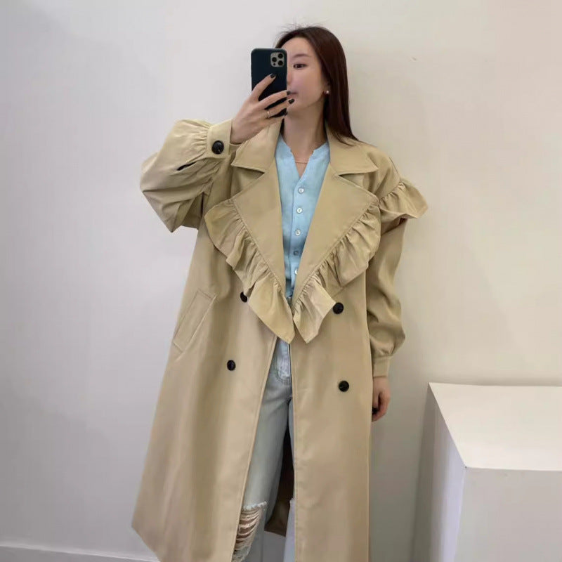 Niche Design Ruffled Stitching Long Trench Coat