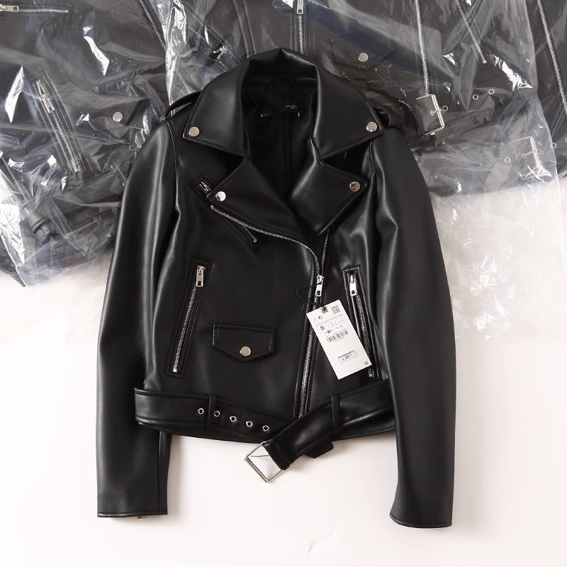 Women's Black PU Leather Zip Jacket