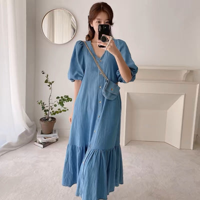 Casual Lotus Cloth Short Sleeve Denim Dress