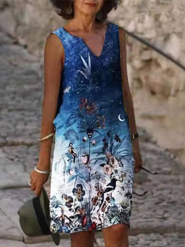 V-neck Loose Print Short Sleeveless Dress