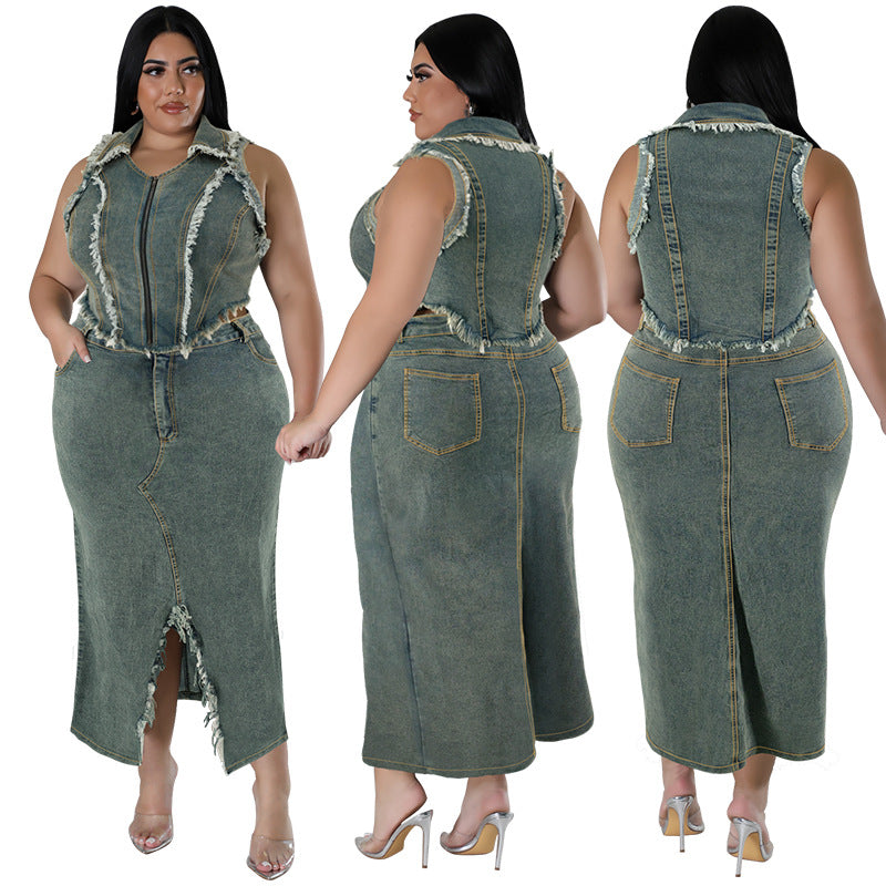 Women's Denim Short Sleeve Tassel Suit