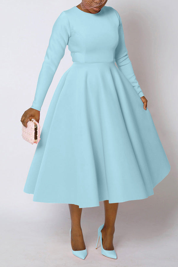 Casual Solid Color Long Sleeve Round Neck Large Swing Dress