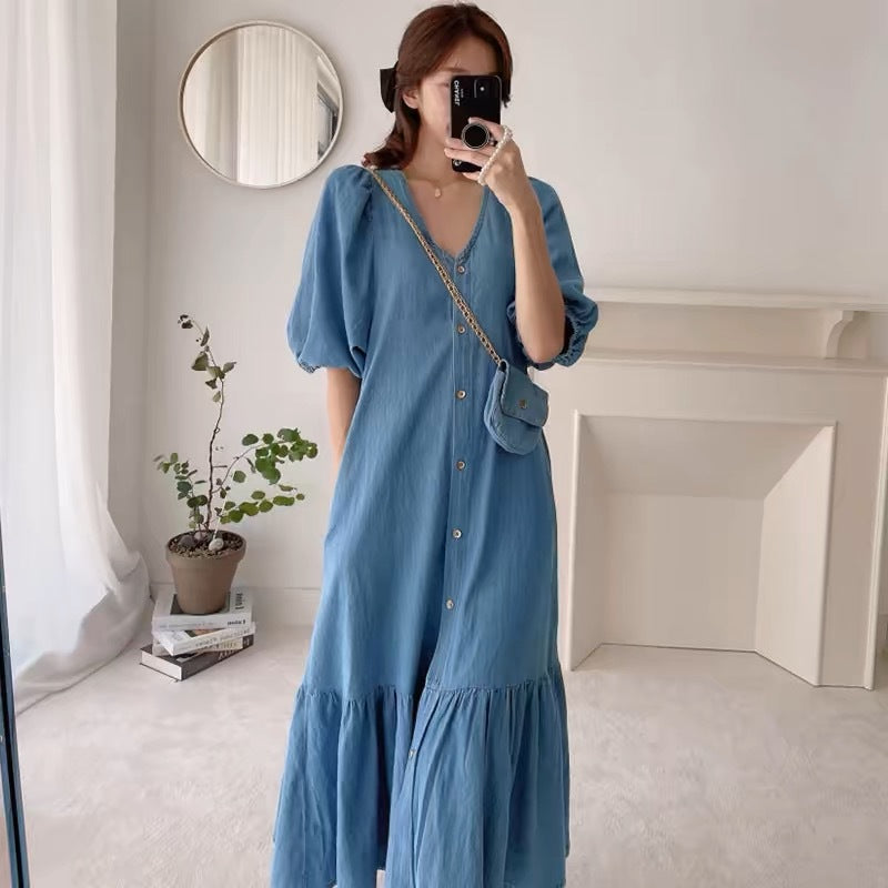 Casual Lotus Cloth Short Sleeve Denim Dress