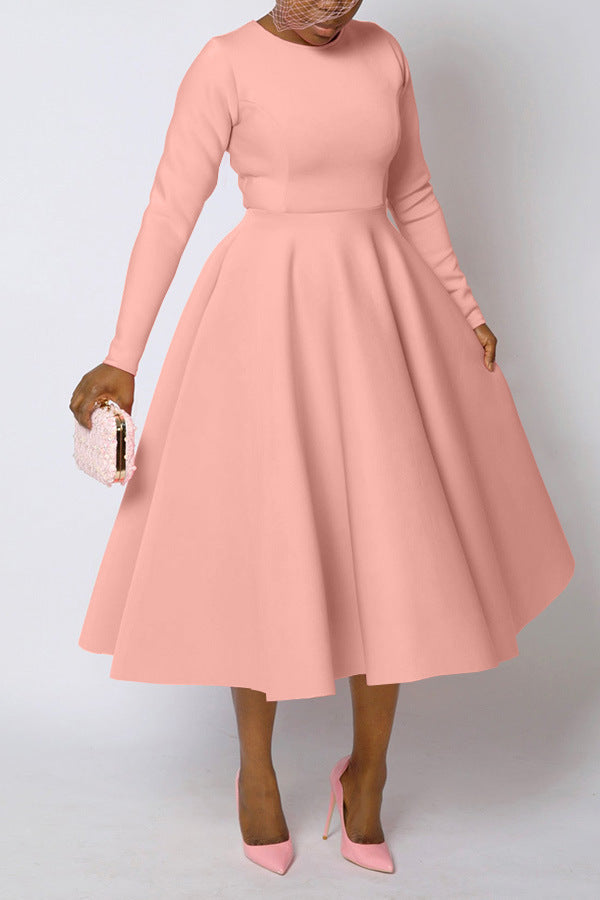 Casual Solid Color Long Sleeve Round Neck Large Swing Dress