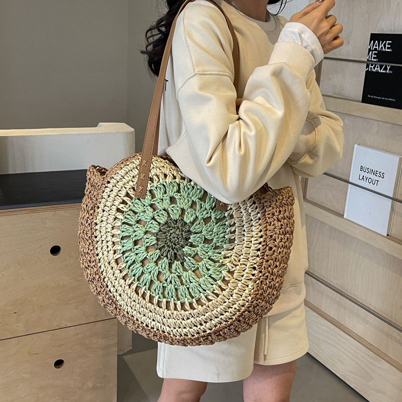 Color Crochet Round One Shoulder Straw Bag