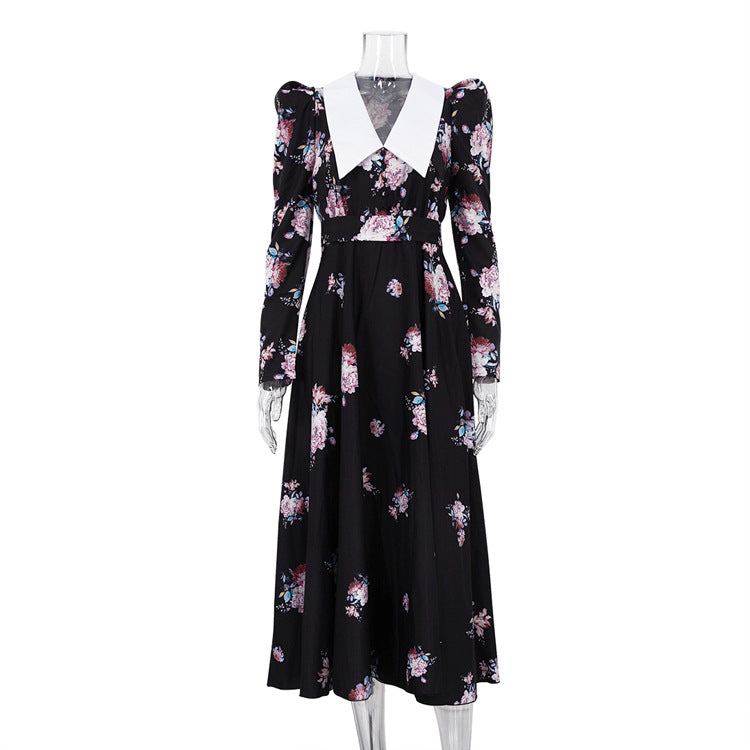 Vintage Printed Large Swing Dress Temperament Waist-controlled Slim Fit Long Dress