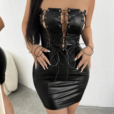 European And American Sexy Tube Top Tight PU Leather Tied Dress