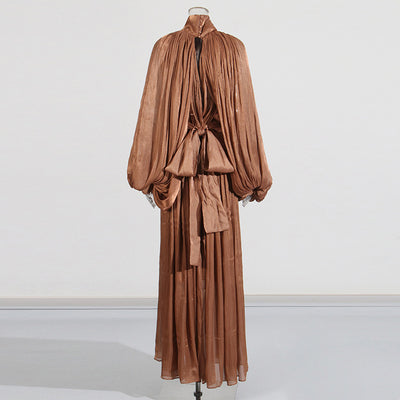 Retro Design Pleated Batwing Sleeve Autumn Winter Long Dress